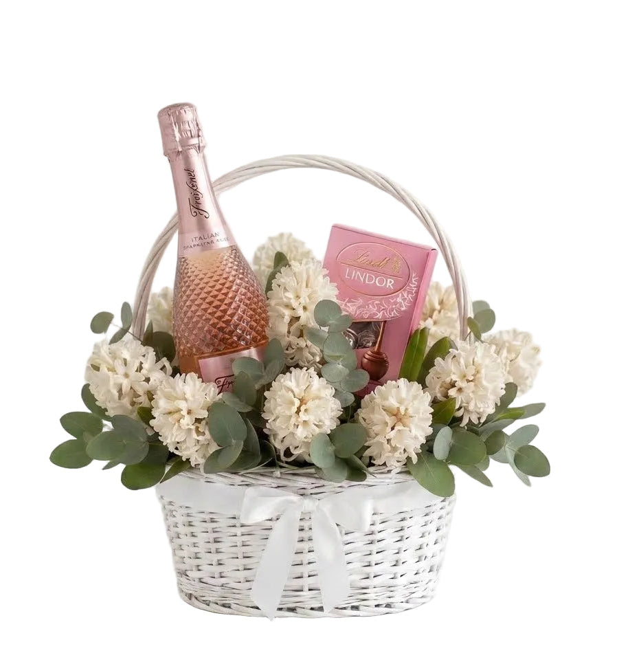 Pretty Hyacinth Hamper with Bottle off Alcohol and Chocolate Truffles