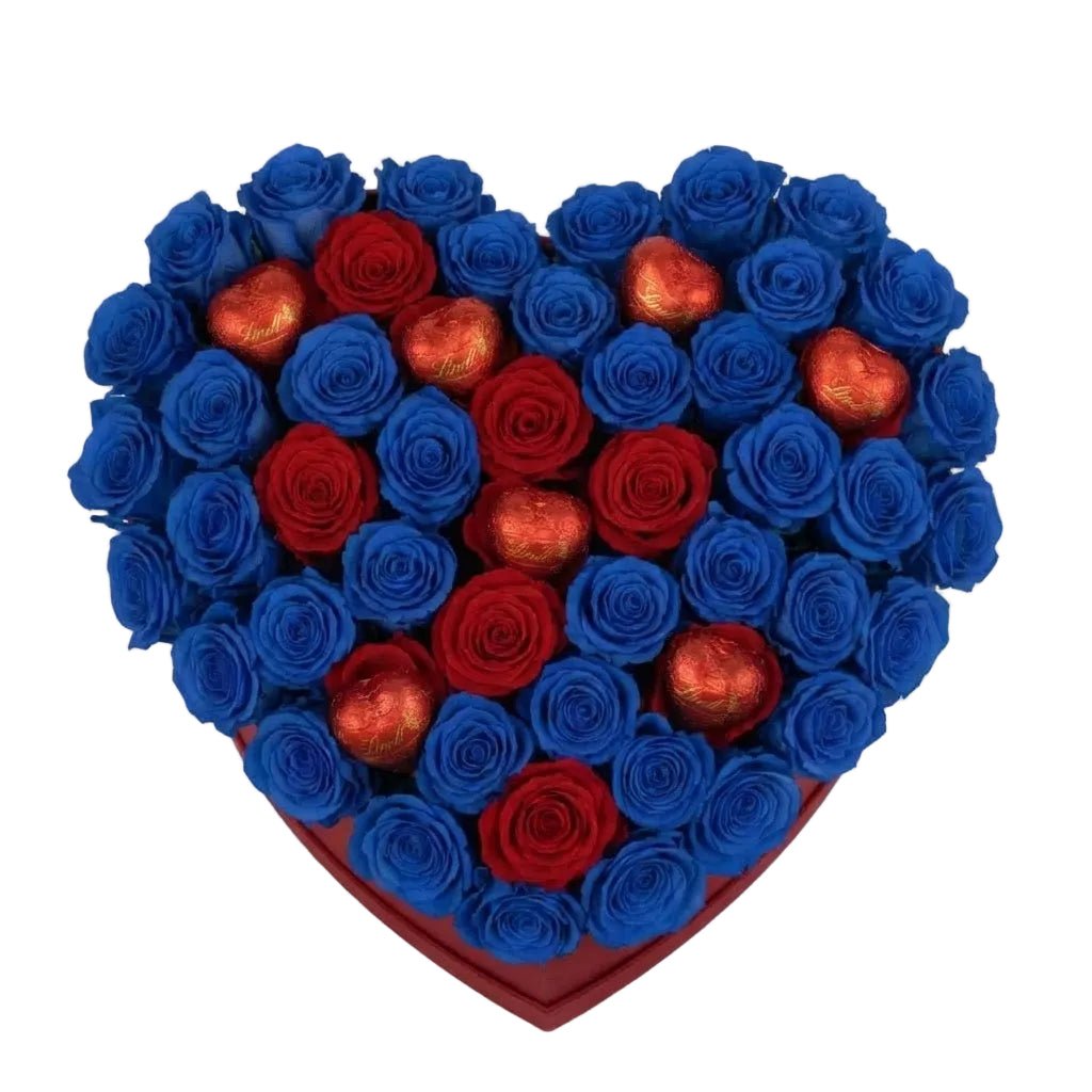 A Box of Blue and Red Roses with Chocolate Hearts - Florist London