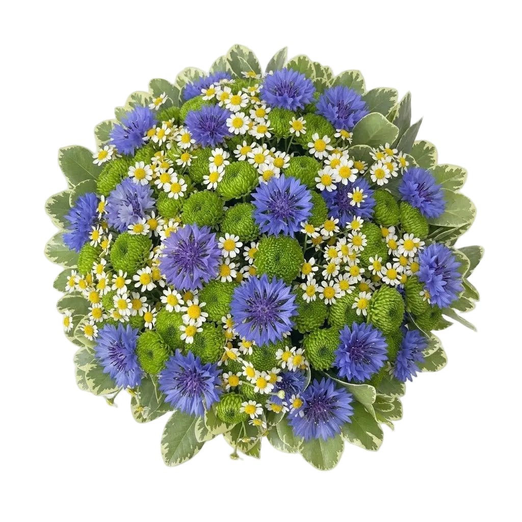 Blue Cornflowers in Green with Tanacetum Bouquet - Florist London