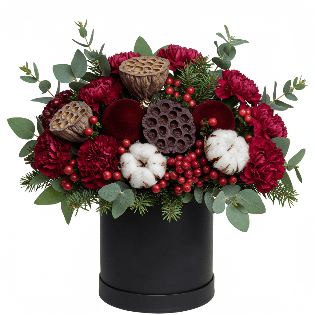 Burgundy Carnations with Lotus Pods Box Arrangement - Florist London