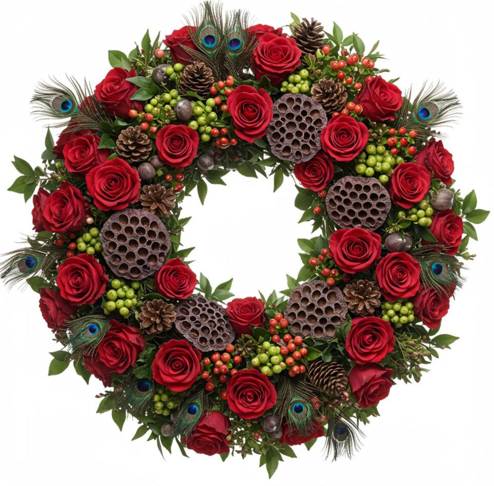 Charming Red Roses and Green Berry Wreath