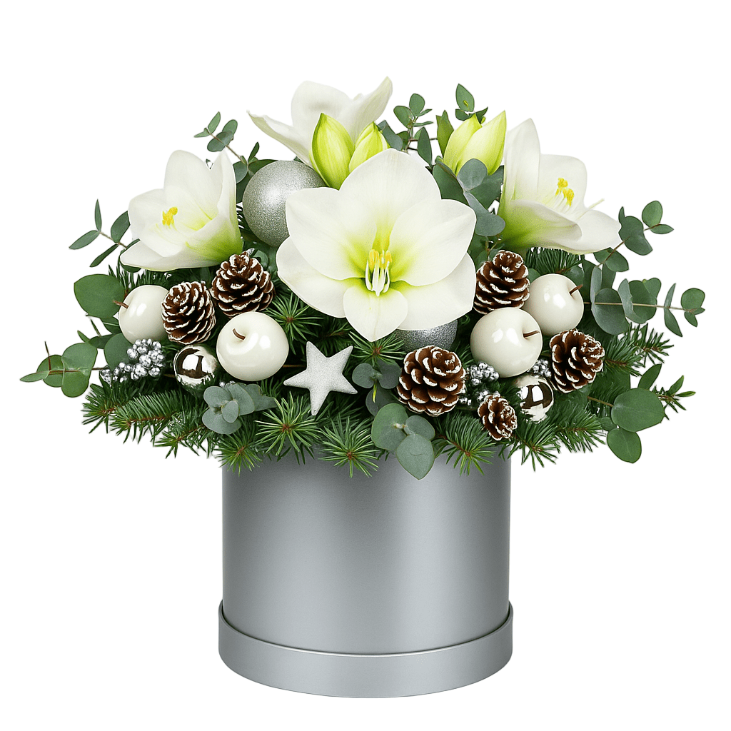 Christmas Box of White Amaryllis with Silver Baubles - Florist London