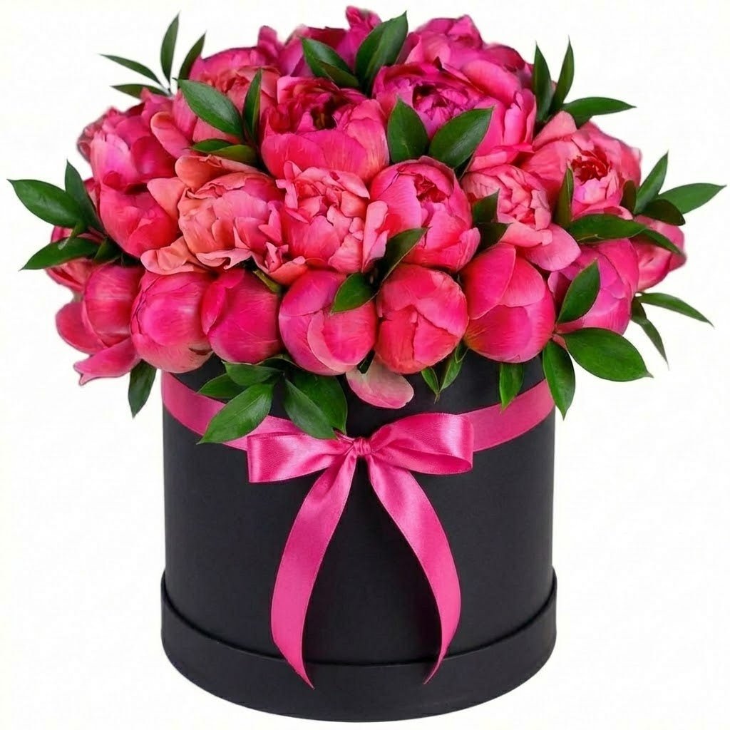 Classic Coral Peonies with Ruscus Box - Florist London