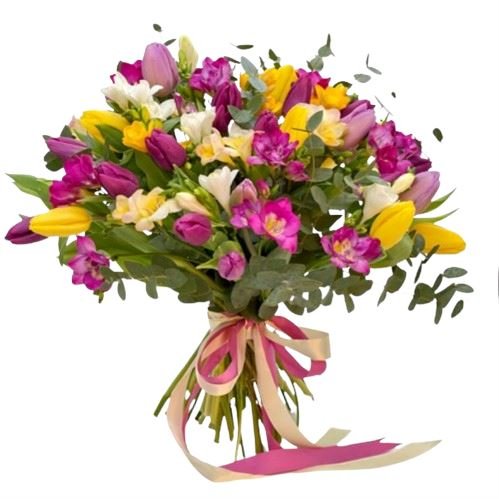 Colored Fragrant Bouquet of Freesias and Tulips - Florist London