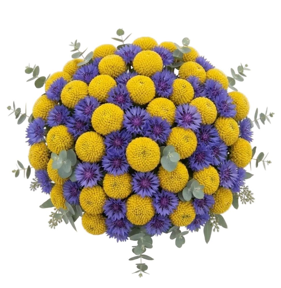 Craspedia and Cornflowers with Greenery Bouquet - Florist London
