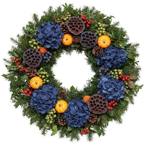 Deep Blue Hydrangea Harvest Door Wreath - Florist London