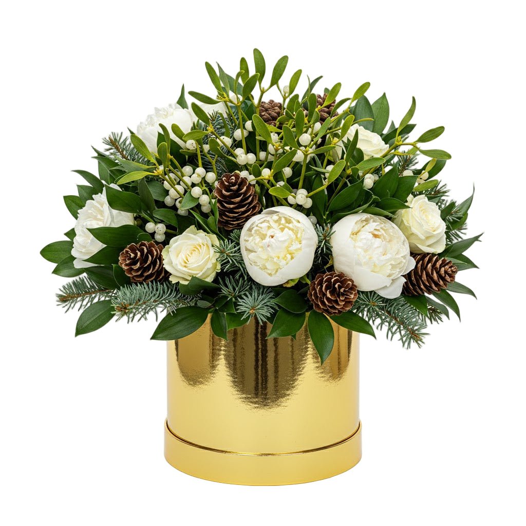 Festive Box of White Peonies with Mistletoe - Florist London
