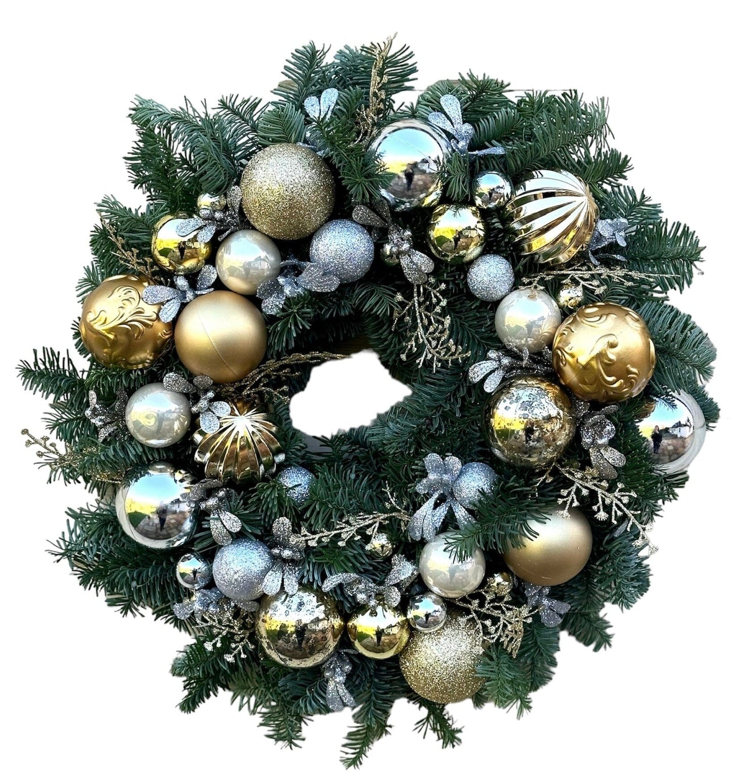 Gold and Silver Baubles Holiday Wreath