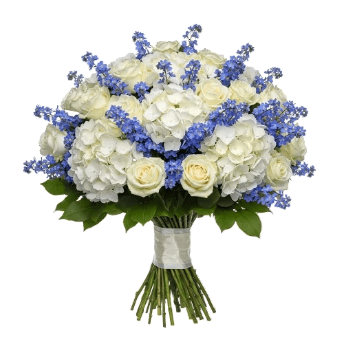 Luxury Bouquet of Hydrangea with Roses and Forget - Me - Not - Florist London