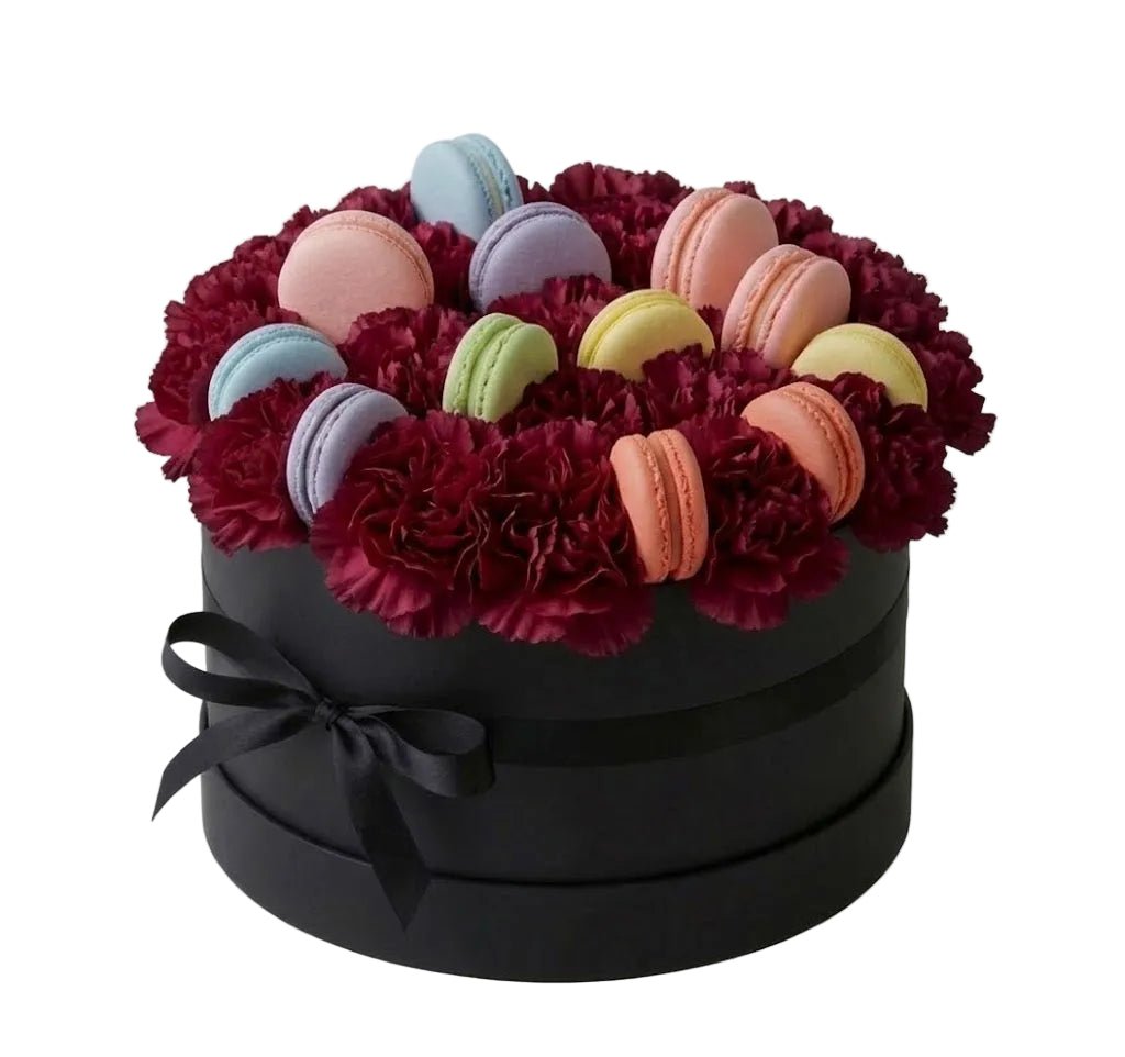 Luxury Box of Carnations with Macaroons - Florist London