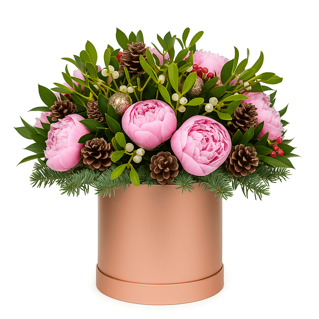Luxury Pink Peonies with Mistletoe Holiday Box - Florist London