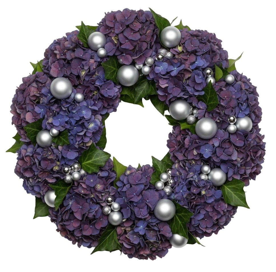 Luxury Purple Hydrangea with Silver Baubles Door Wreath - Florist London