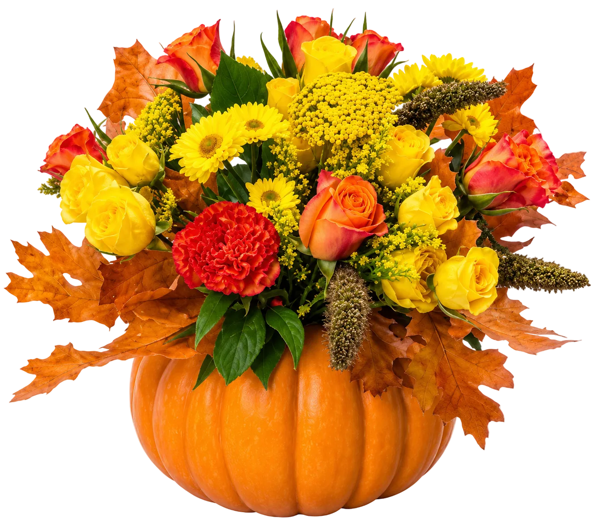 Orange and Yellow Flowers in a Pumpkin - Florist London