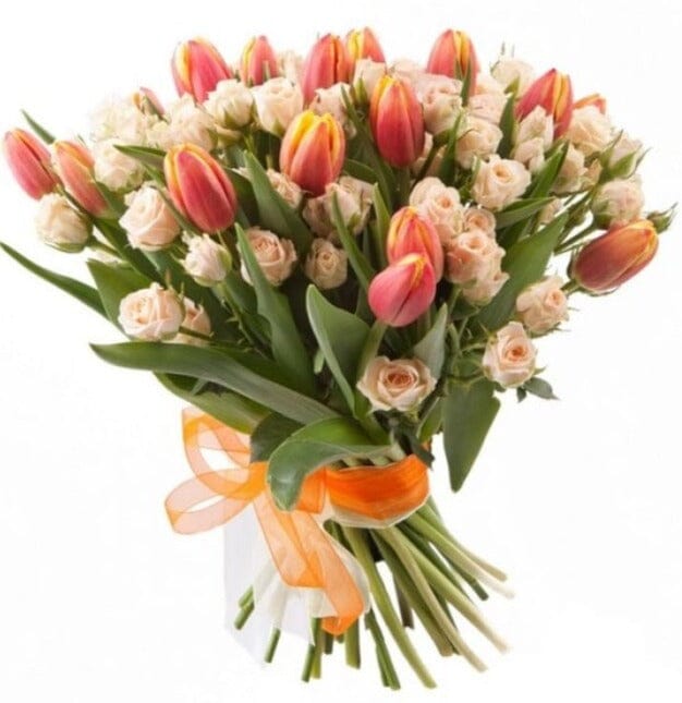 Orange Tulips with Peach Spray Roses Bouquet - Florist London