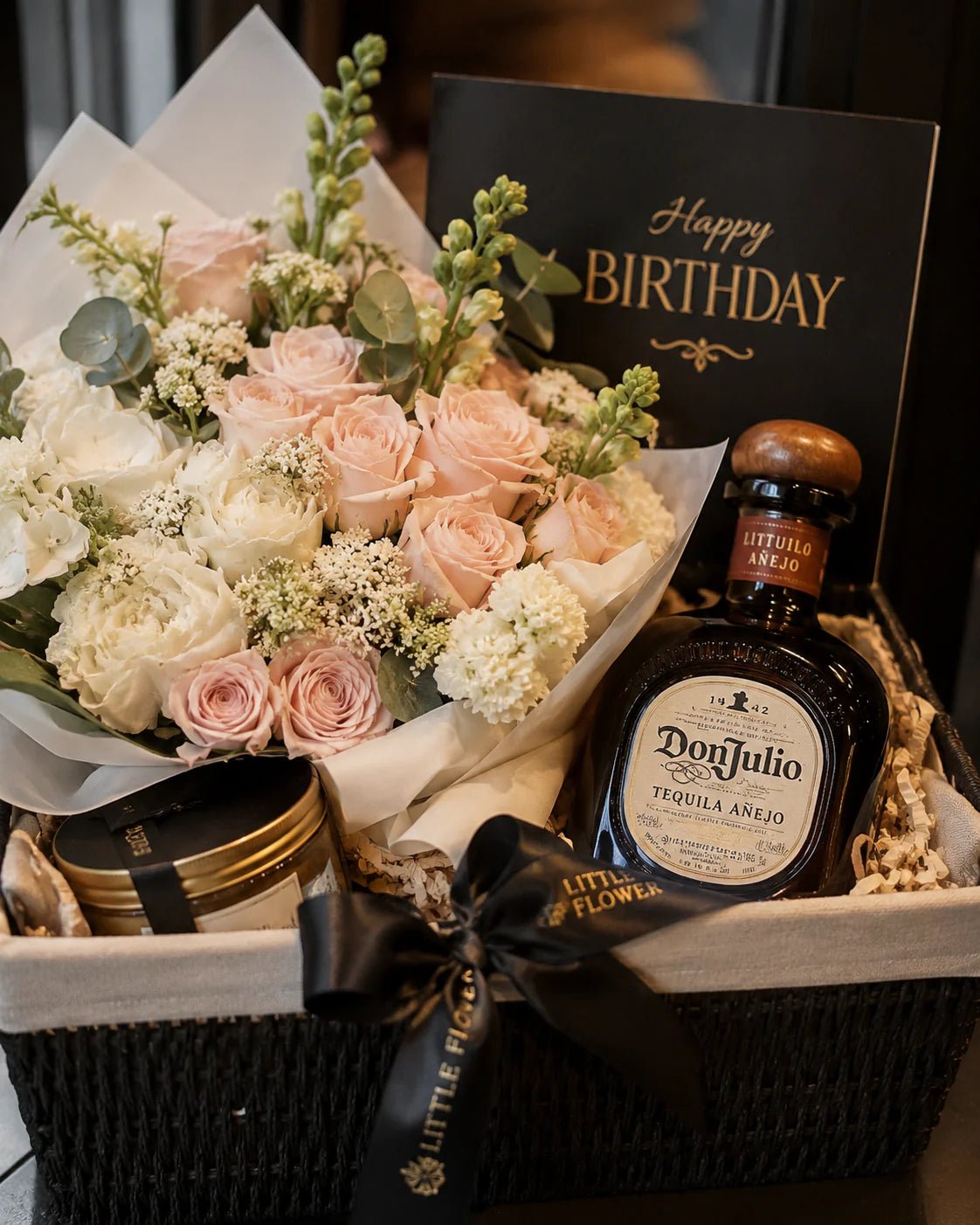 pastel bouquet from picture (25 flowers) + Don Julio Reposado 700ml + basket - Florist London
