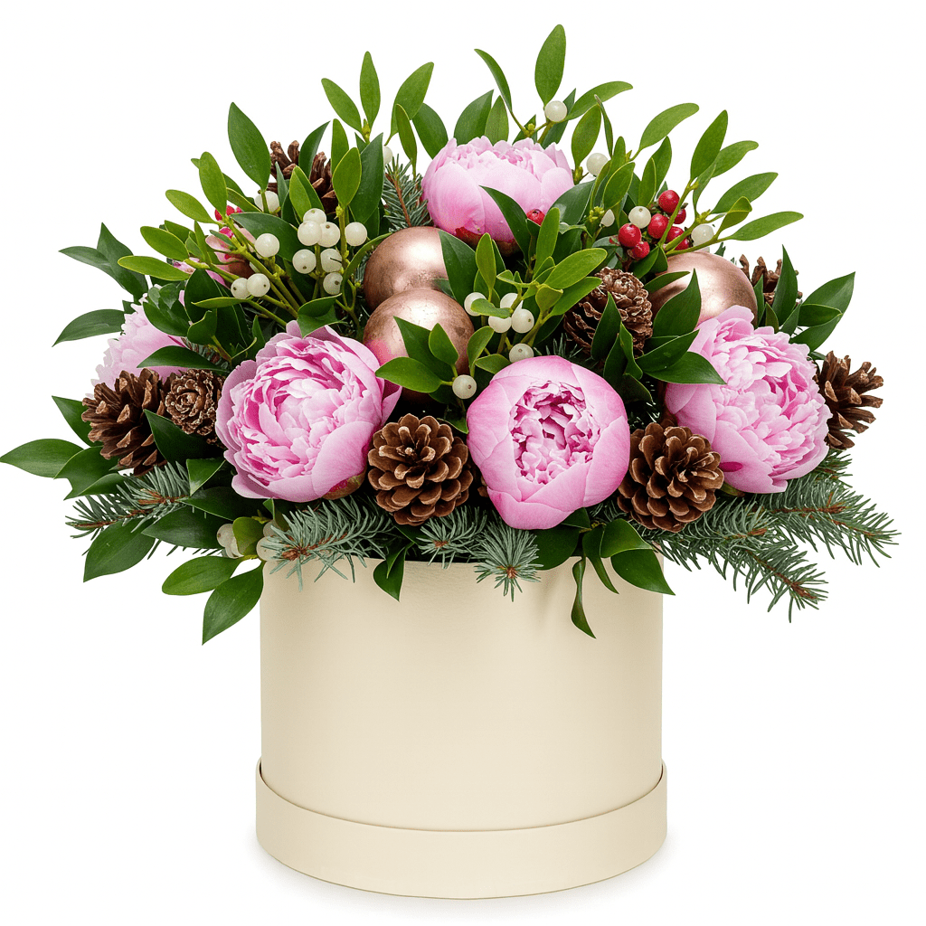 Pink Peonies with Rose Gold Baubles Xmas Box - Florist London