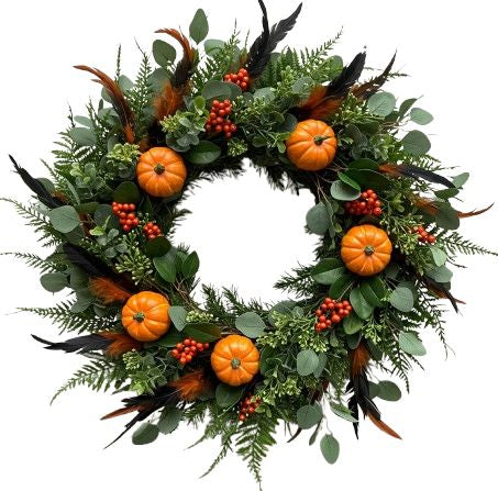 Pumpkin and Feathers Halloween Wreath