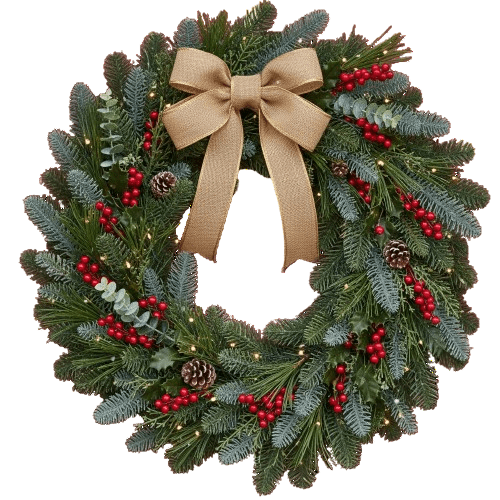 Red Berries and Jute Bow Holiday Wreath with Lights - Florist London