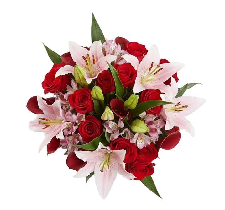 Scarlet Roses with Blush Lily Elegance Bouquet - Florist London