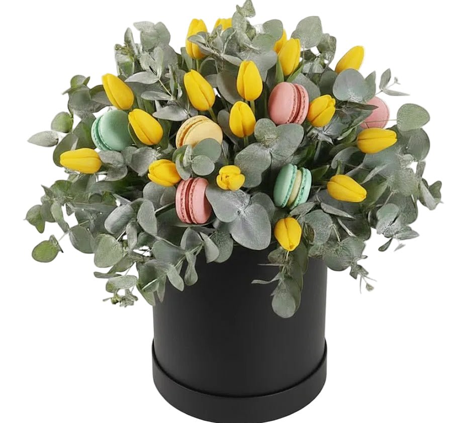 Tulips and Eucalyptus Floral Box with Gourmet Macarons - Florist London
