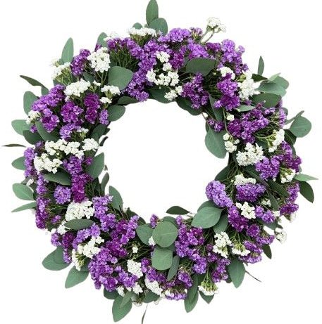 White and Purple Limonium with Eucalyptus Wreath - Florist London