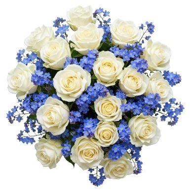 White Roses with Blue Forget - Me - Not Bouquet - Florist London