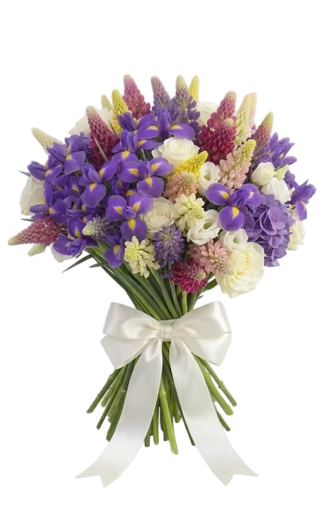 Wild Garden Iris and White Rose Bouquet - Florist London