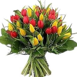 Yellow and Red Tulips with Greenery Bouquet - Florist London