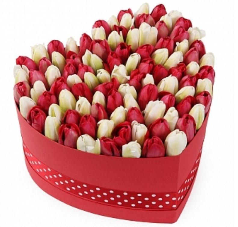 2 Colors of Tulips in Heart Box - Florist London