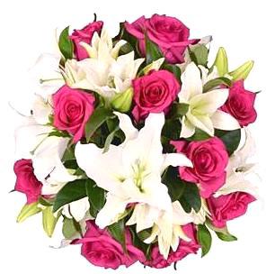 Pink Roses and White Lily Bouquet