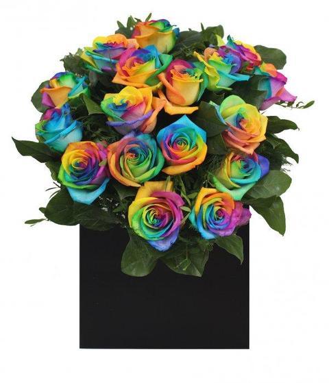 Rainbow Roses Box with Greenery - Florist London