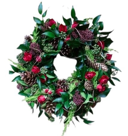 Red Spray Roses Christmas Wreath - Florist London