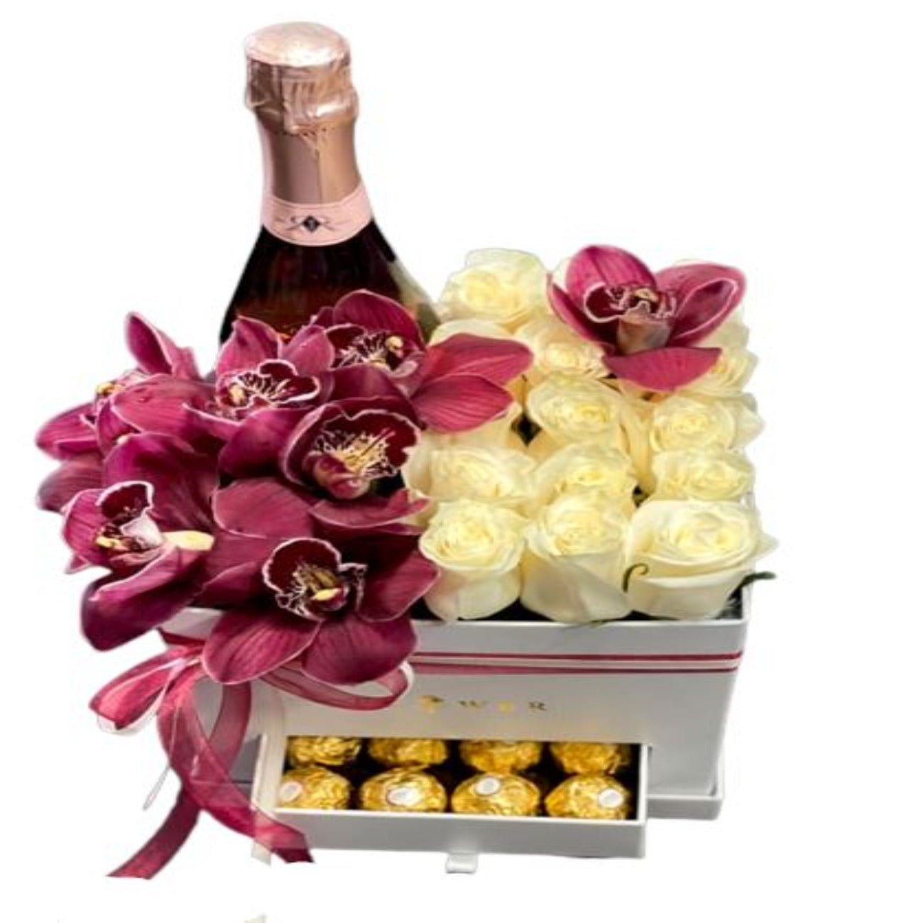Roses and Cymbidium Flower with Chocolate Secret Box - Florist London