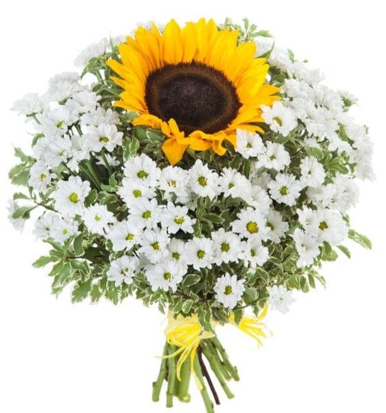 White Santini Chrysanthemum and Sunflowers Bouquet