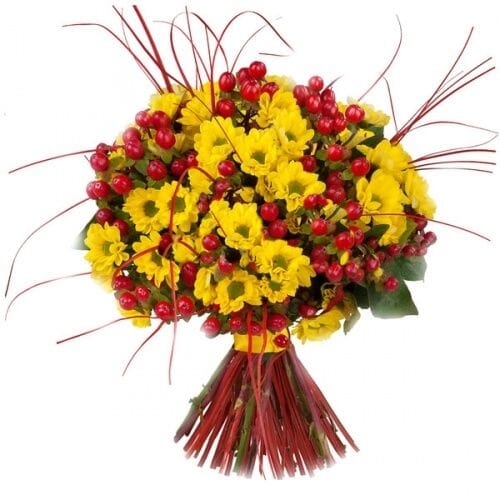 Yellow Chrysanthemum and Red Hypericum Bouquet - Florist London