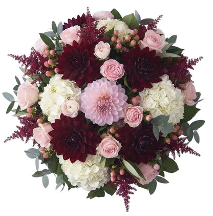 Blush Romance with Burgundy Dahlia Blooms Bouquet