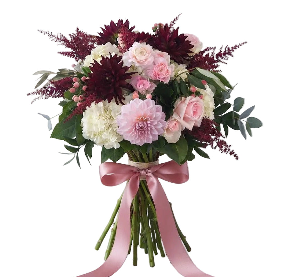 Blush Romance with Burgundy Dahlia Blooms Bouquet
