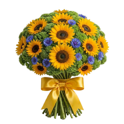 Bouquet of Sunflowers with Cornflowers and Sedum