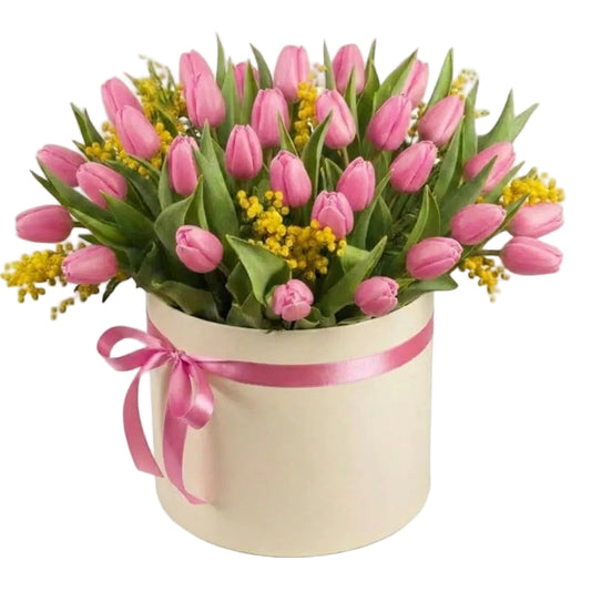 Box of Tulips and Mimosa