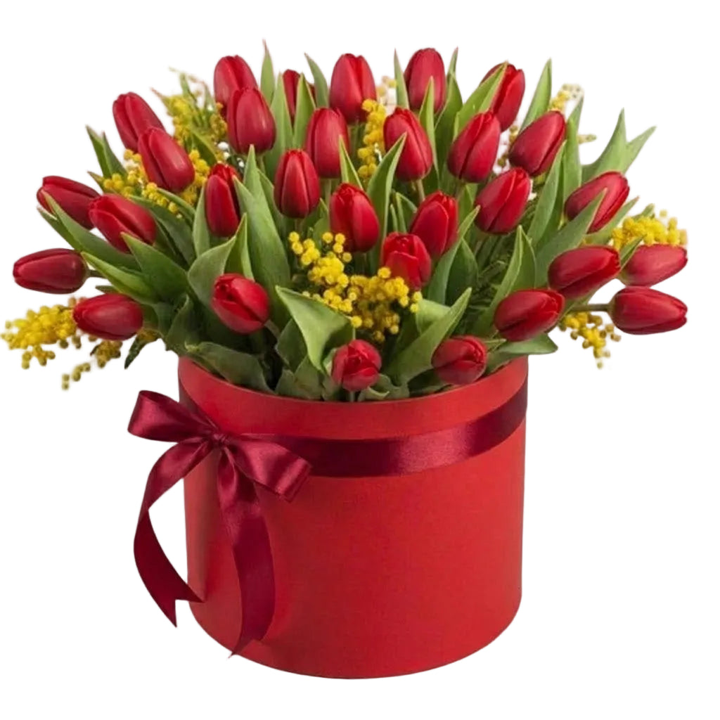 Box of Tulips and Mimosa