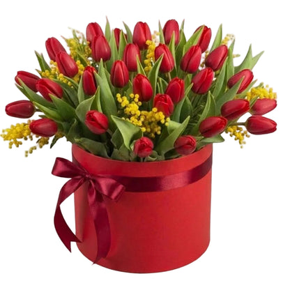 Box of Tulips and Mimosa