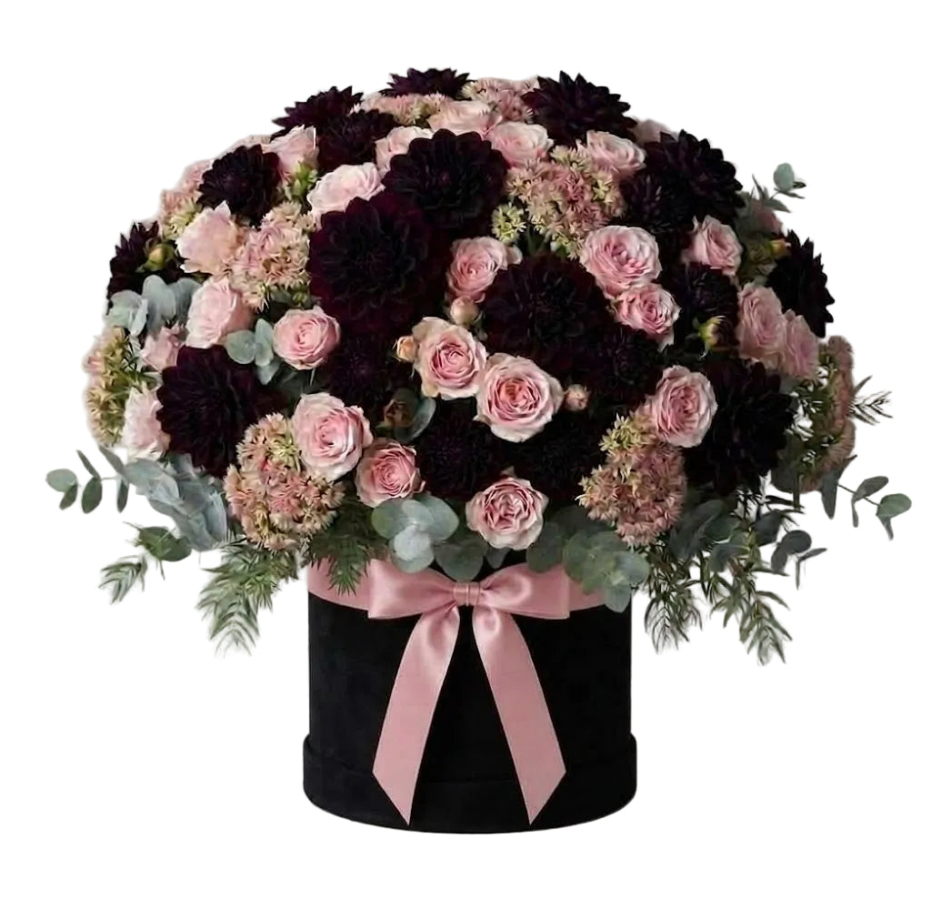 Burgundy Dahlia with Spray Roses Elegant Box
