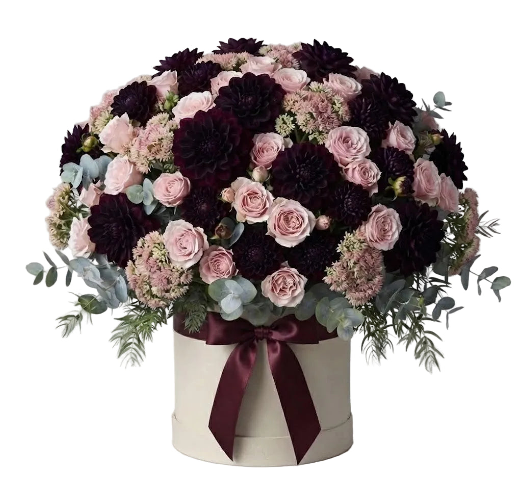 Burgundy Dahlia with Spray Roses Elegant Box