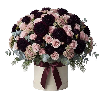 Burgundy Dahlia with Spray Roses Elegant Box