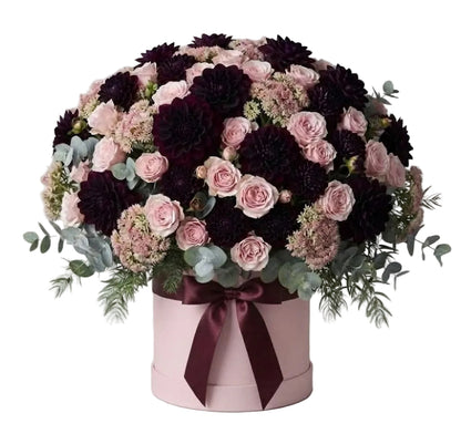 Burgundy Dahlia with Spray Roses Elegant Box
