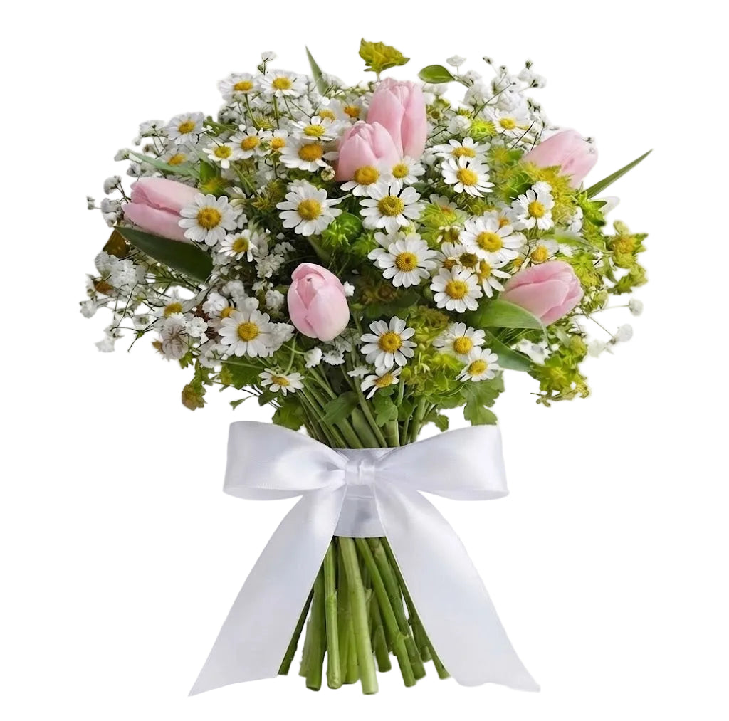 Cute Bouquet of Daisy Tanacetum and Tulips
