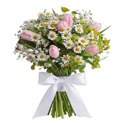 Cute Bouquet of Daisy Tanacetum and Tulips