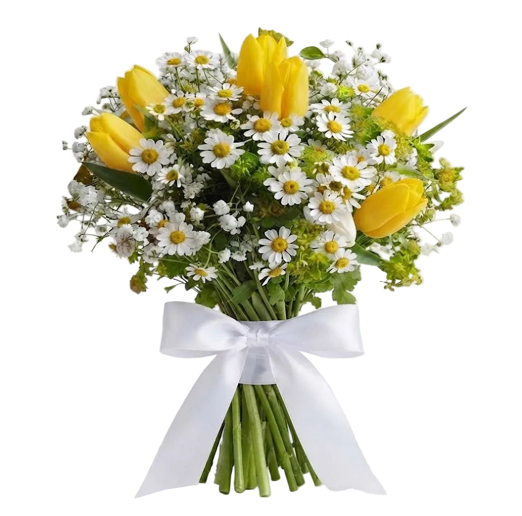 A vibrant flower bouquet featuring yellow tulips, white daisies, and green bupleurum, tied with a white satin ribbon at the stem base, set against a plain light white background.