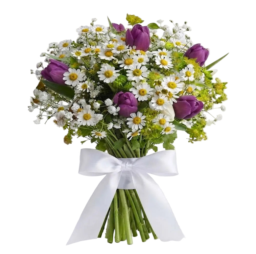 A vibrant flower bouquet featuring purple tulips, white daisies with yellow centers, and green bupleurum, tied with a white satin ribbon at the bottom, set against a plain white background.