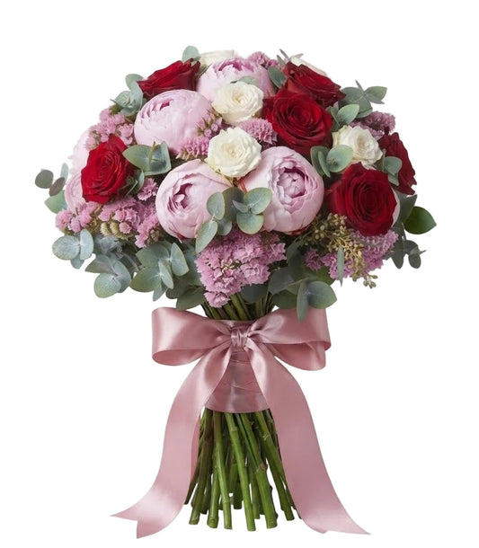 Elegant Pink Peonies, Roses and Limonium Bouquet